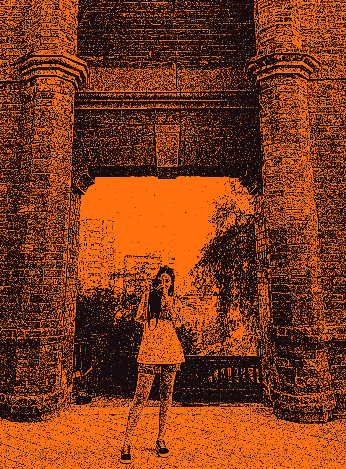 Orange toned picture of Isabella Romo holding a camera and a landscape behind her